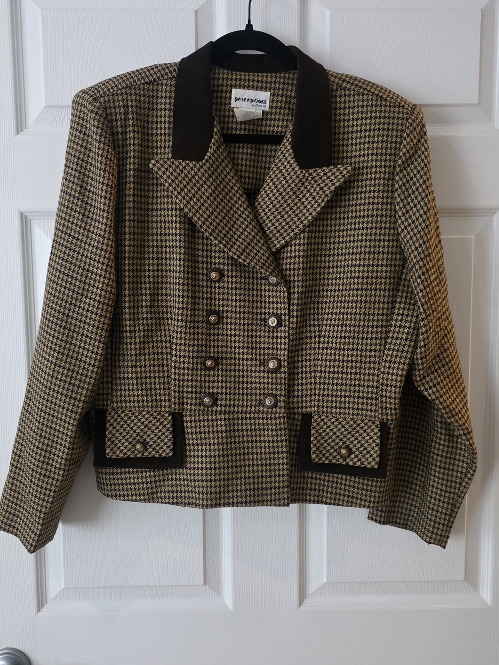 Houndstooth Double-Breasted Cropped Jacket - Brown/Black
